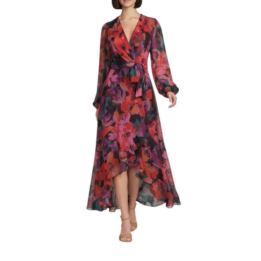ALEX MARIE Diana Chiffon Floral Print V-Neck Long Sleeve Maxi Dress. Size 4